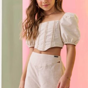 Conjunto Blusa Cropped E Short Cintura Alta
