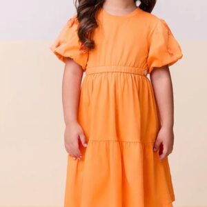 Vestido Mangas Balonê Laranja 100% Algodão